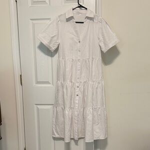 Summer White Midi Dress with Mother of Pearl Effect Button-Front